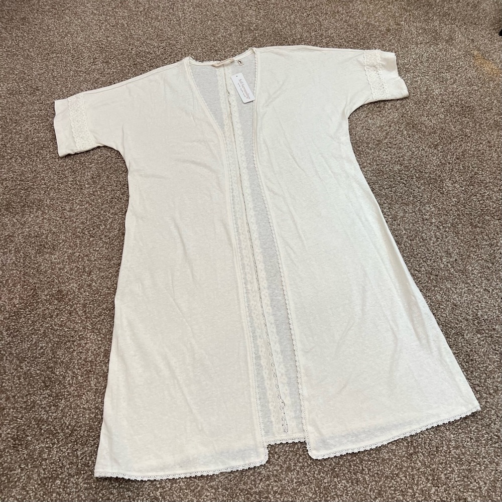 Soft Surroundings long kimono cover up open front sweater 3/4 sleeve lace detail